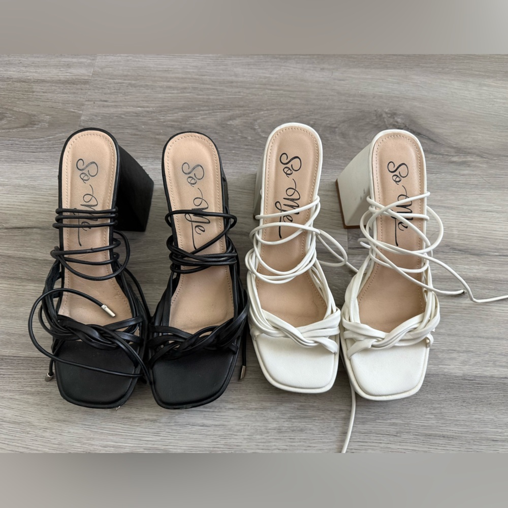So Me Strappy Square Toe Block Heel Sandals in Black and White